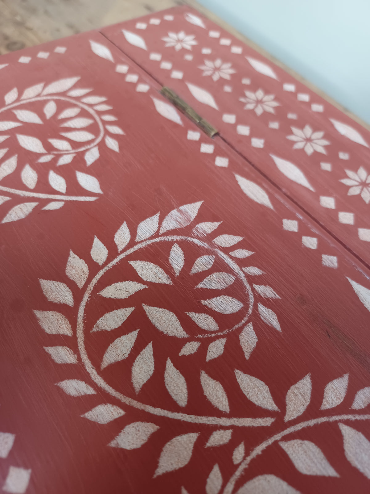 Solid wood stencilled red box with lid