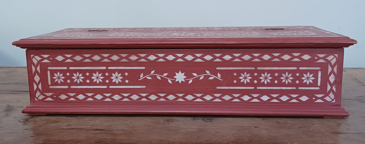 Solid wood stencilled red box with lid