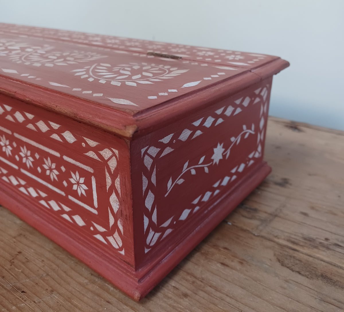Solid wood stencilled red box with lid