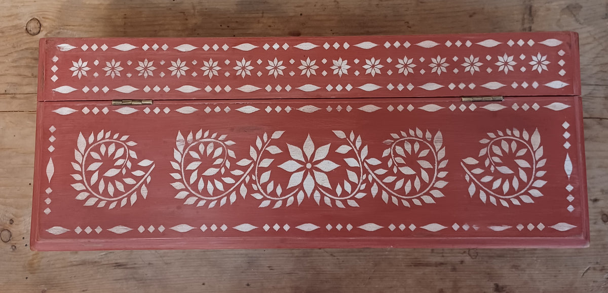 Solid wood stencilled red box with lid