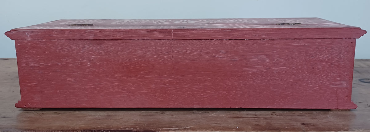 Solid wood stencilled red box with lid