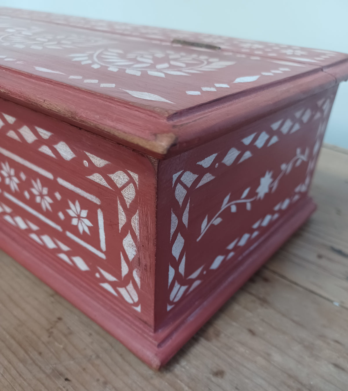 Solid wood stencilled red box with lid