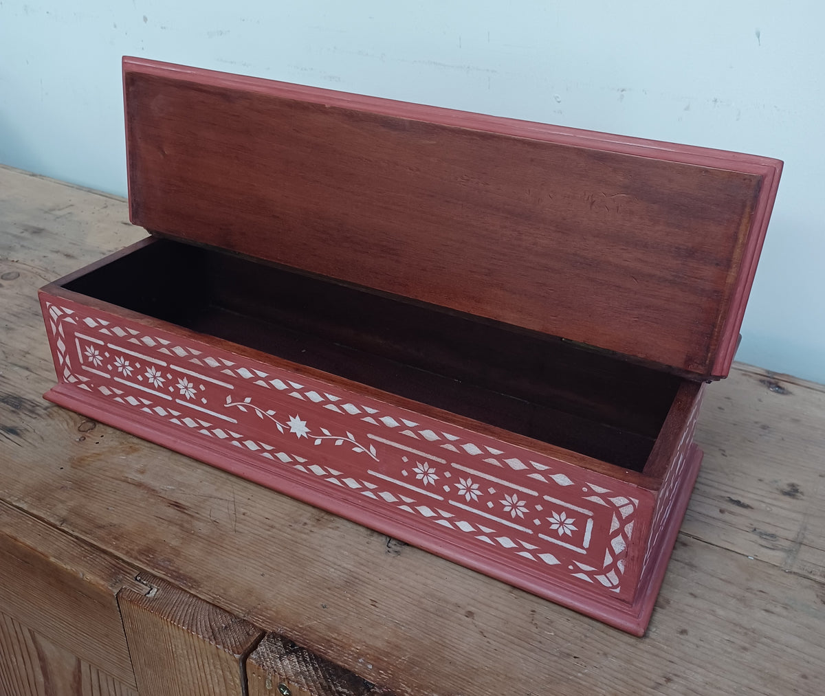 Solid wood stencilled red box with lid