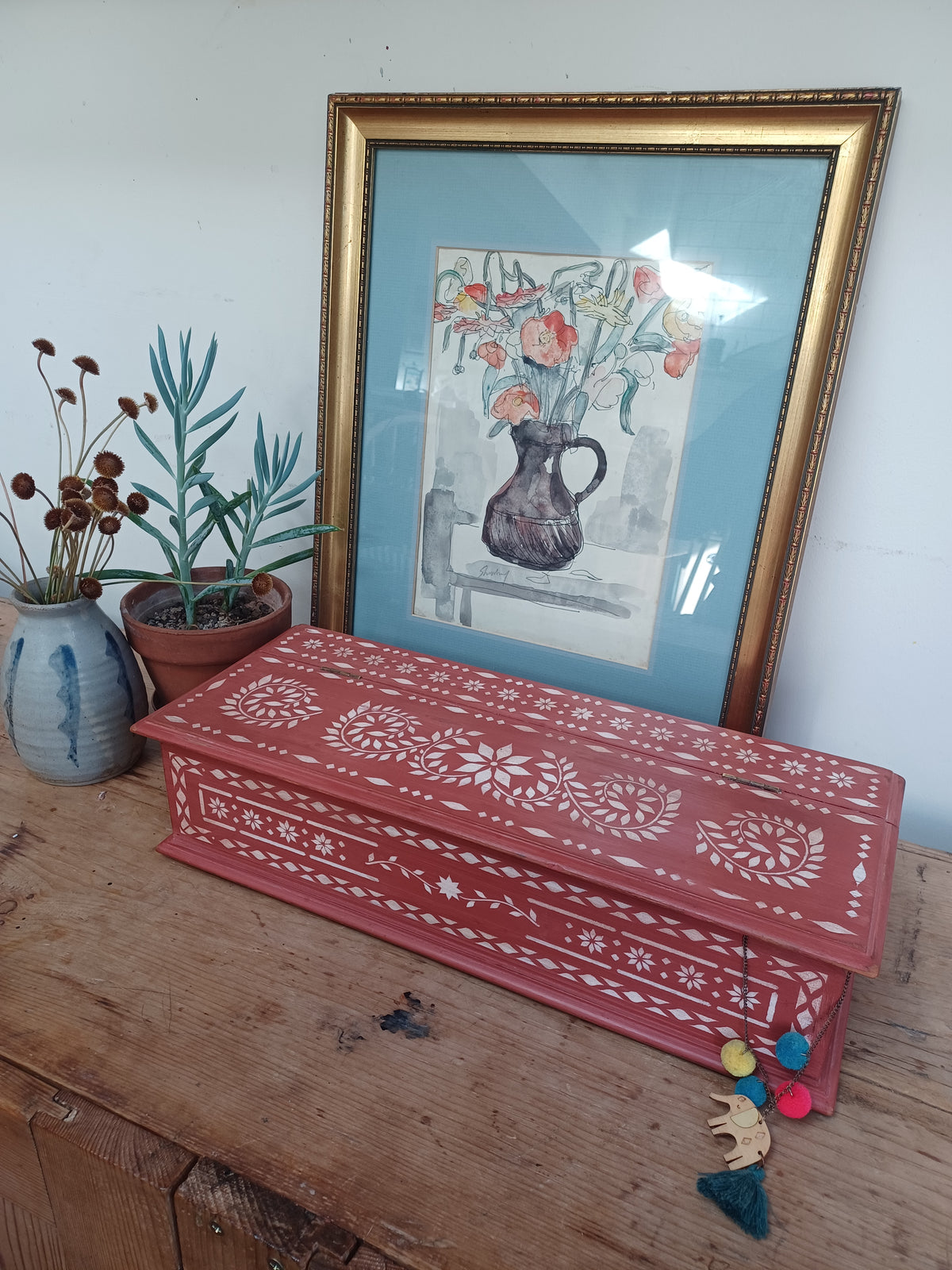 Solid wood stencilled red box with lid