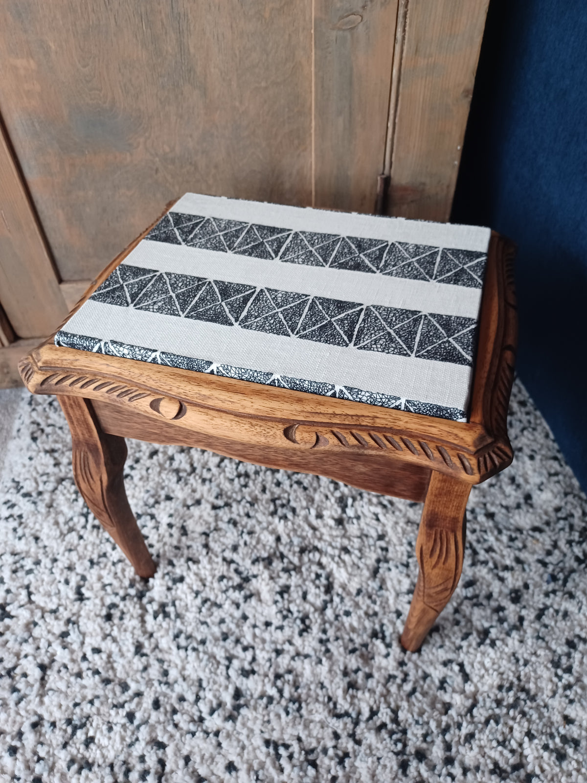 Small wooden side table with découpage fabric top