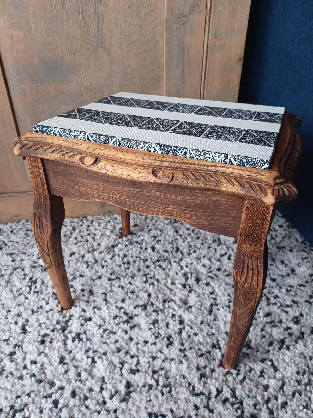 Small wooden side table with découpage fabric top