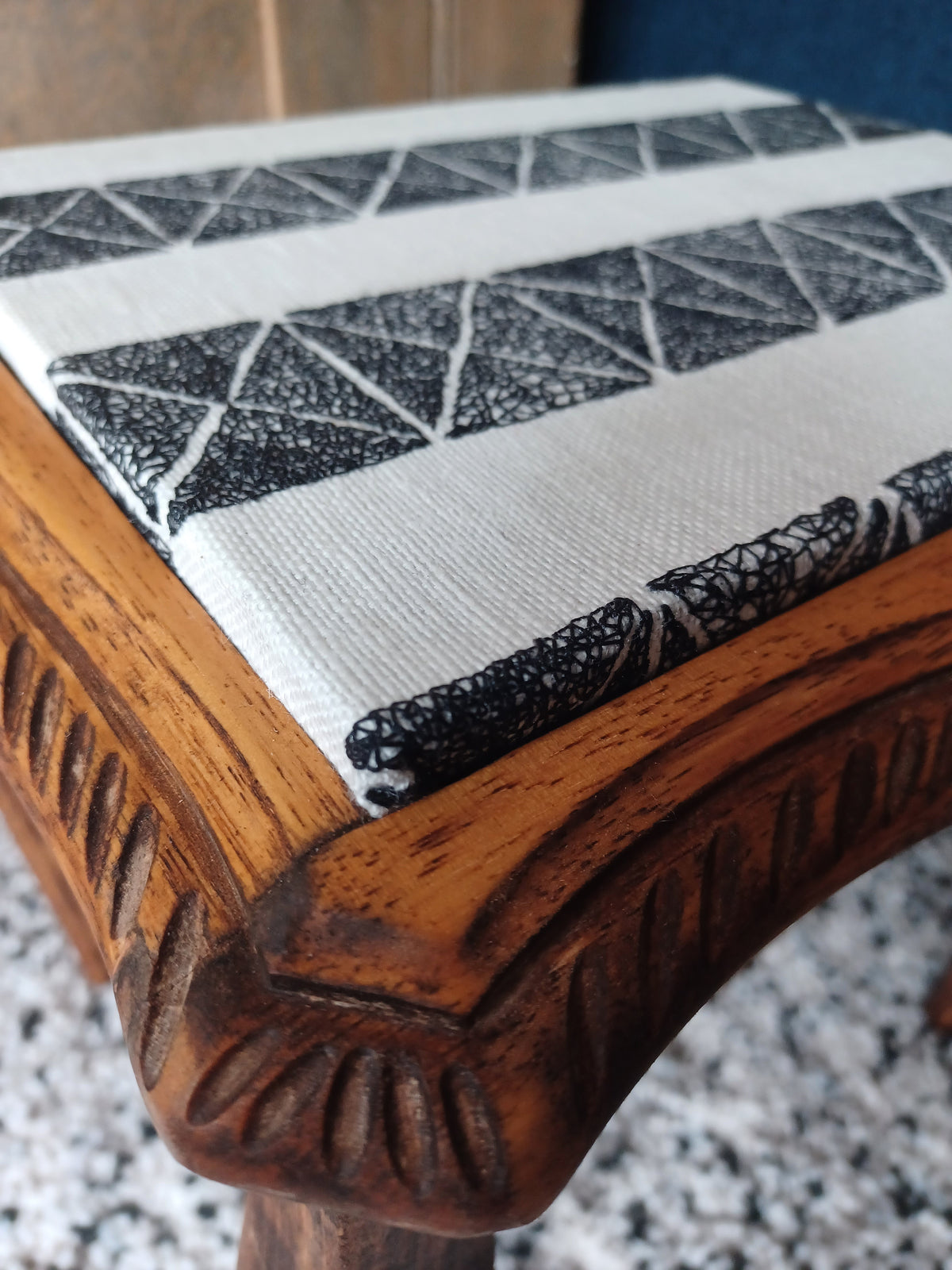Small wooden side table with découpage fabric top